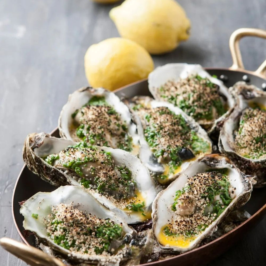 Gratinerede østers med hollandaisesauce